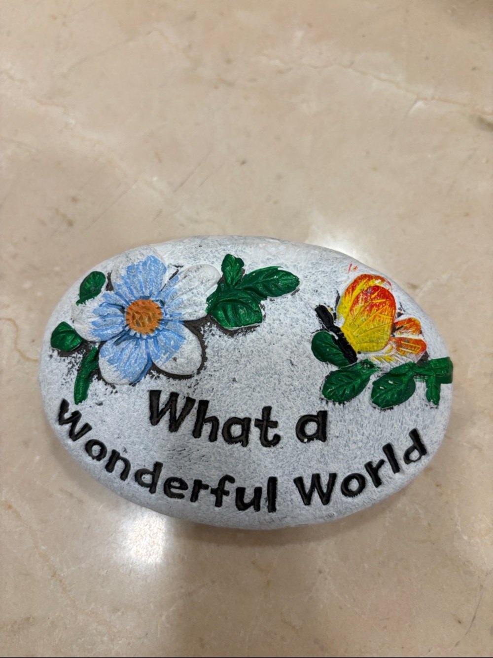 Painted Stone Plaque - "What a Wonderful World" Floral & Butterfly